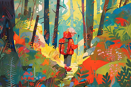 森林中背着书包的男孩背景图片