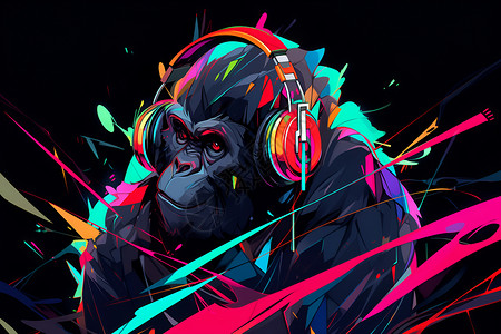 彩色拉力带带着耳机的黑色猩猩插画