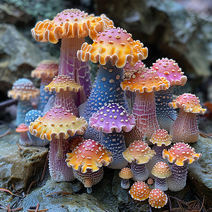 彩色胶粘石森林石头上蘑菇背景