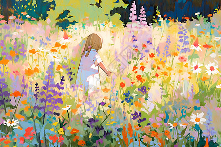 花丛花朵中的女孩背景图片