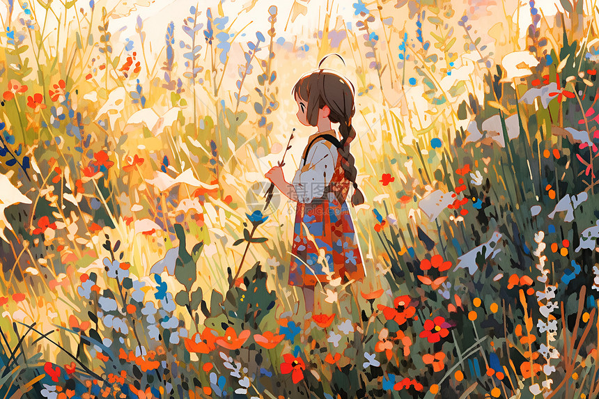 野花中的女孩绘画图片