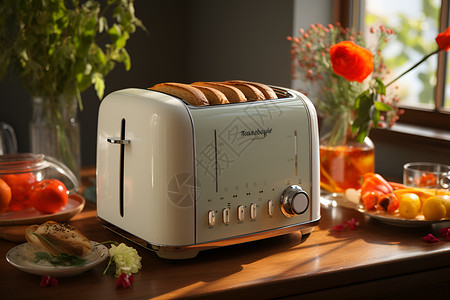 智能面包机木桌上的面包和机器背景