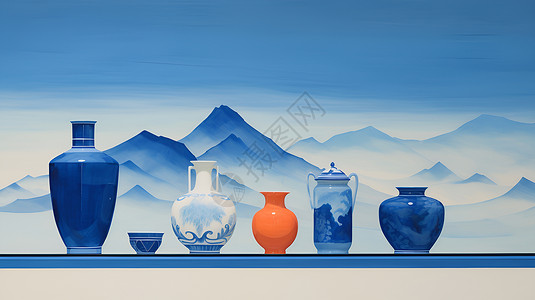 瓷器与山脉背景图片