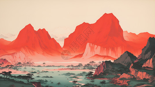 夕阳中的山水画背景图片
