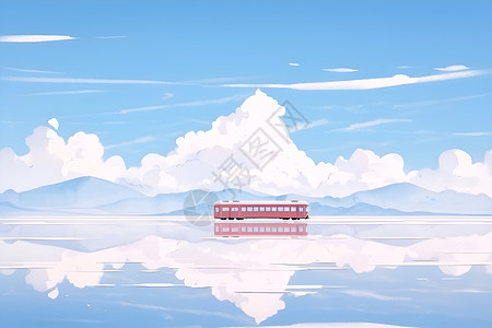 教堂湖面反射一辆红色巴士插画