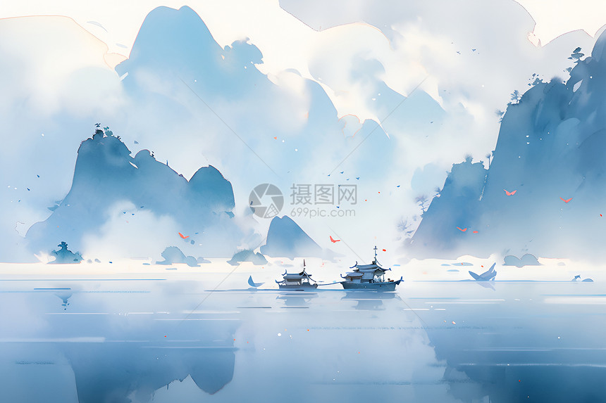 木船在远山环绕的湖面上平静漂浮图片