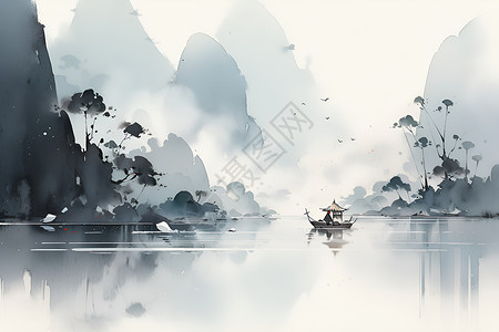 湖泊中的朦胧木船背景图片