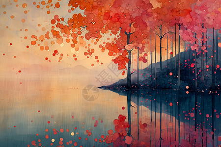 山水绘画夕阳下的湖畔插画