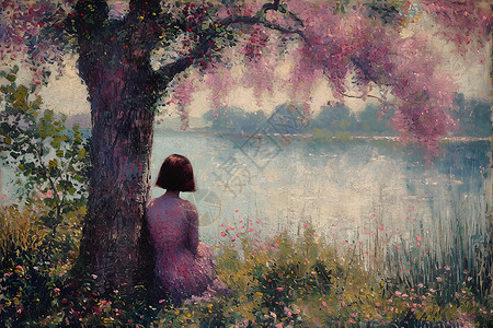 风景画家湖畔的女子插画