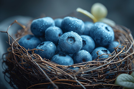 鸟巢中的蓝莓背景图片