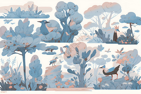 观自然大自然中宁静观鸟的一天插画