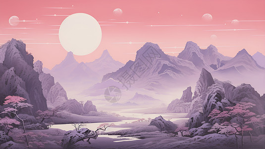 粉红的山水画背景图片
