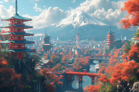 美丽的城市景观美丽的富士山插画