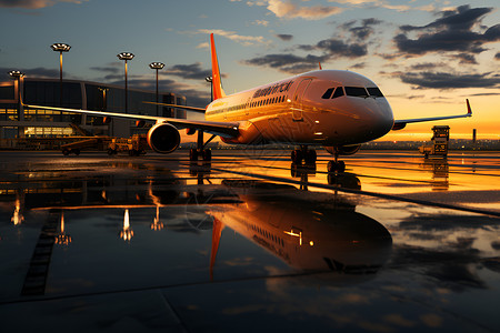 夕阳下停靠的飞机背景图片