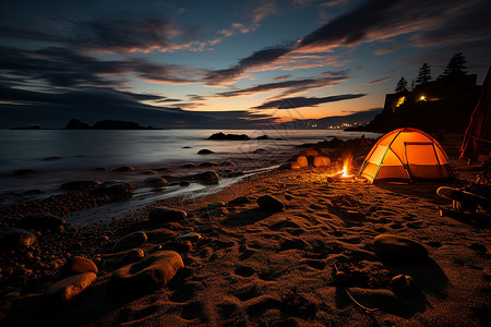 夜晚海滩夜晚沙滩露营背景