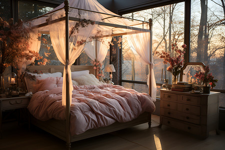 床帐下的浪漫卧室背景图片