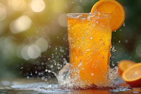盛夏水花飞溅的橙汁背景图片