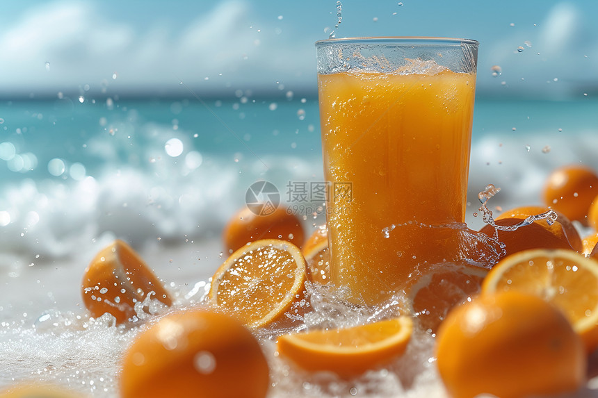 夏日清爽世界中的一杯橙汁图片
