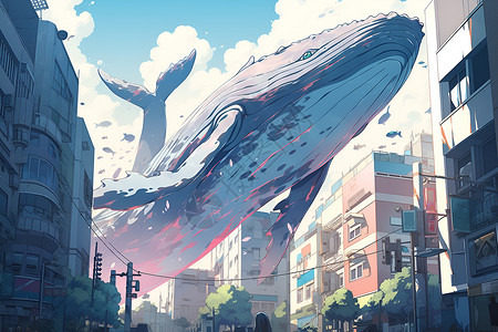巨鲸漂浮在都市上空背景图片