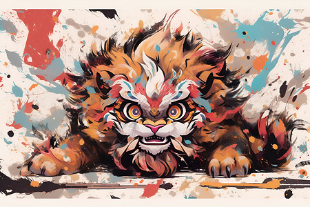 彩色狮子水墨画背景图片
