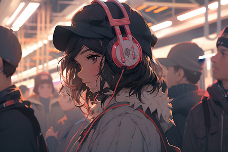 地铁听歌地铁上戴着耳机的人插画