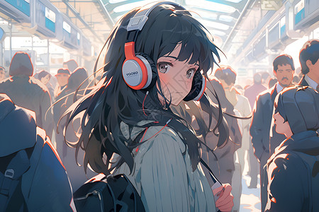 乘客信息系统地铁站听歌的女孩插画