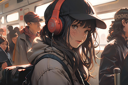 车内乘客地铁中听歌的女孩插画