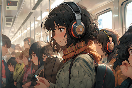 地铁听歌公交上听歌的女孩插画