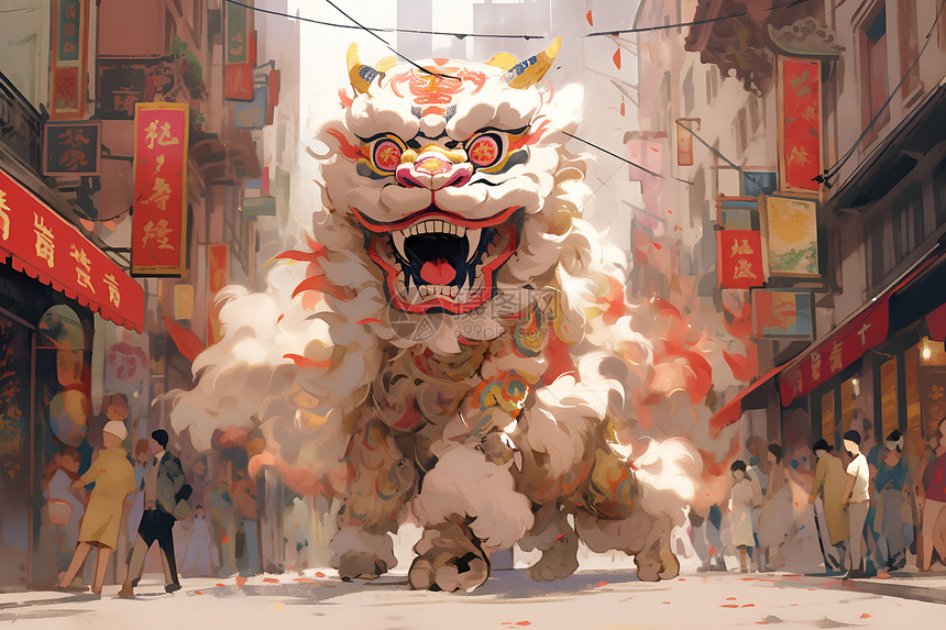 唐人街的中国舞狮表演图片