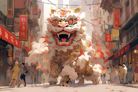 唐人街的中国舞狮表演高清图片