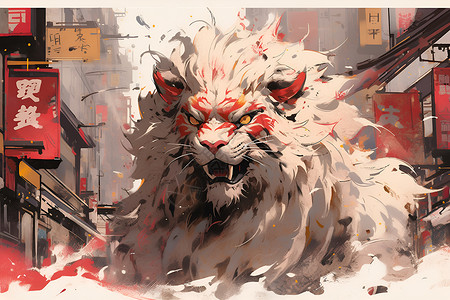 唐人街狮舞绘画高清图片