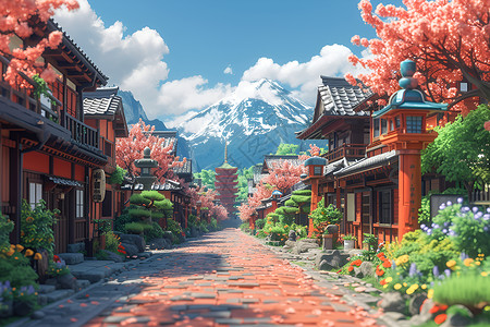 美丽的富士山花草绽放的街道插画