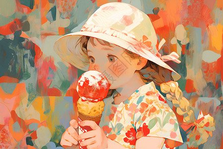 小女孩品味着冰淇淋背景图片