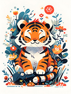 生肖印章草坪上的虎形动物插画