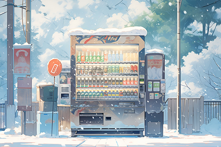 冰雪奇境中的彩色售货机图片