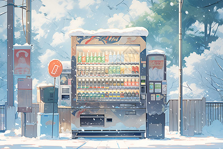 冰雪奇境中的彩色售货机背景图片