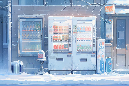 雪地中一个小巧而多彩的自动贩卖机高清图片