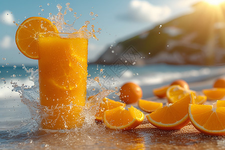 新鲜的水果和橙汁背景图片