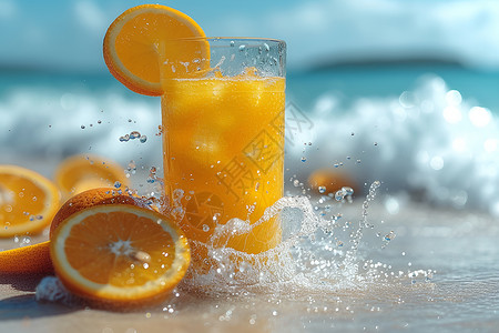 夏日海滩的橙汁背景图片
