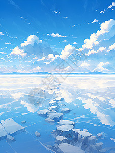 蔚蓝天空中映照着水面上的冰块背景图片