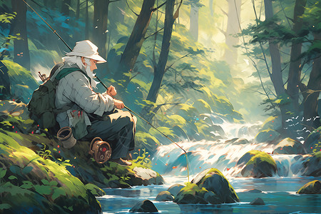 钓鱼老人素材森林河流垂到的老者插画