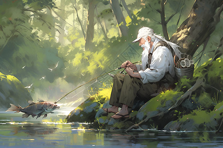 钓鱼老人素材宁静河边老人垂钓插画