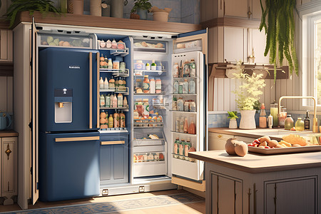 智能家电主图智能冰箱展示的食物插画