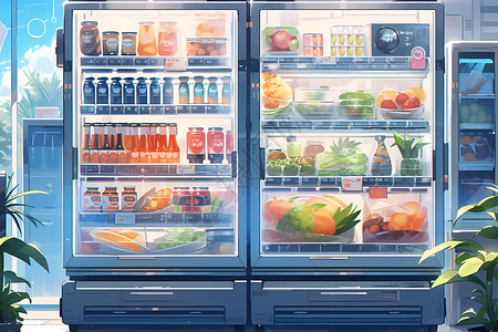 智能冰箱丰盛多彩的食物陈列插画