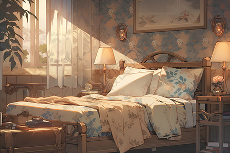 床和早餐早餐的阳光洒在床上插画