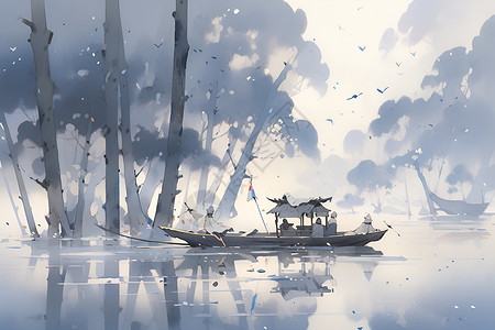湖畔迷雾里的孤舟背景图片