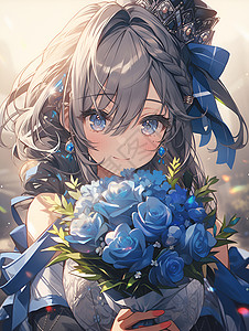 可爱的少女拿着蓝色花朵背景图片
