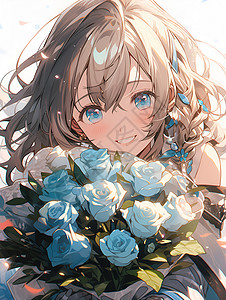 拿着蓝色花朵的女孩背景图片