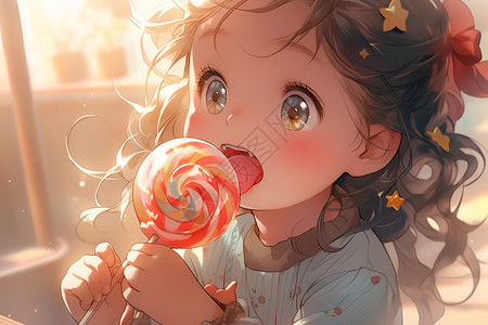 可爱的女孩吃着棒棒糖背景图片