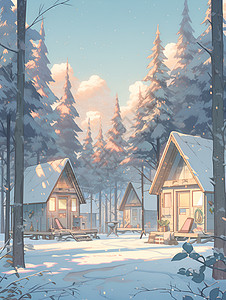 冰雪微适身雪山小屋傍林立背景图片